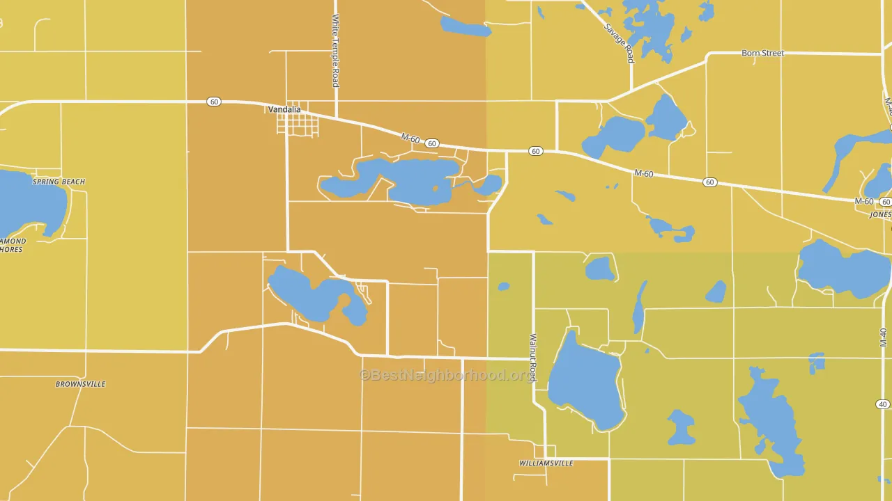 Map of the best neighborhoods in the 49095 area, with better matches in green and worse matches in red