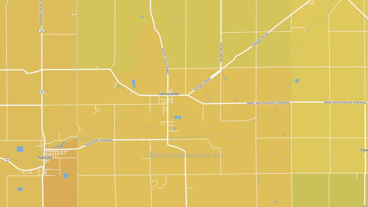 Map of the best neighborhoods in the 49096 area, with better matches in green and worse matches in red