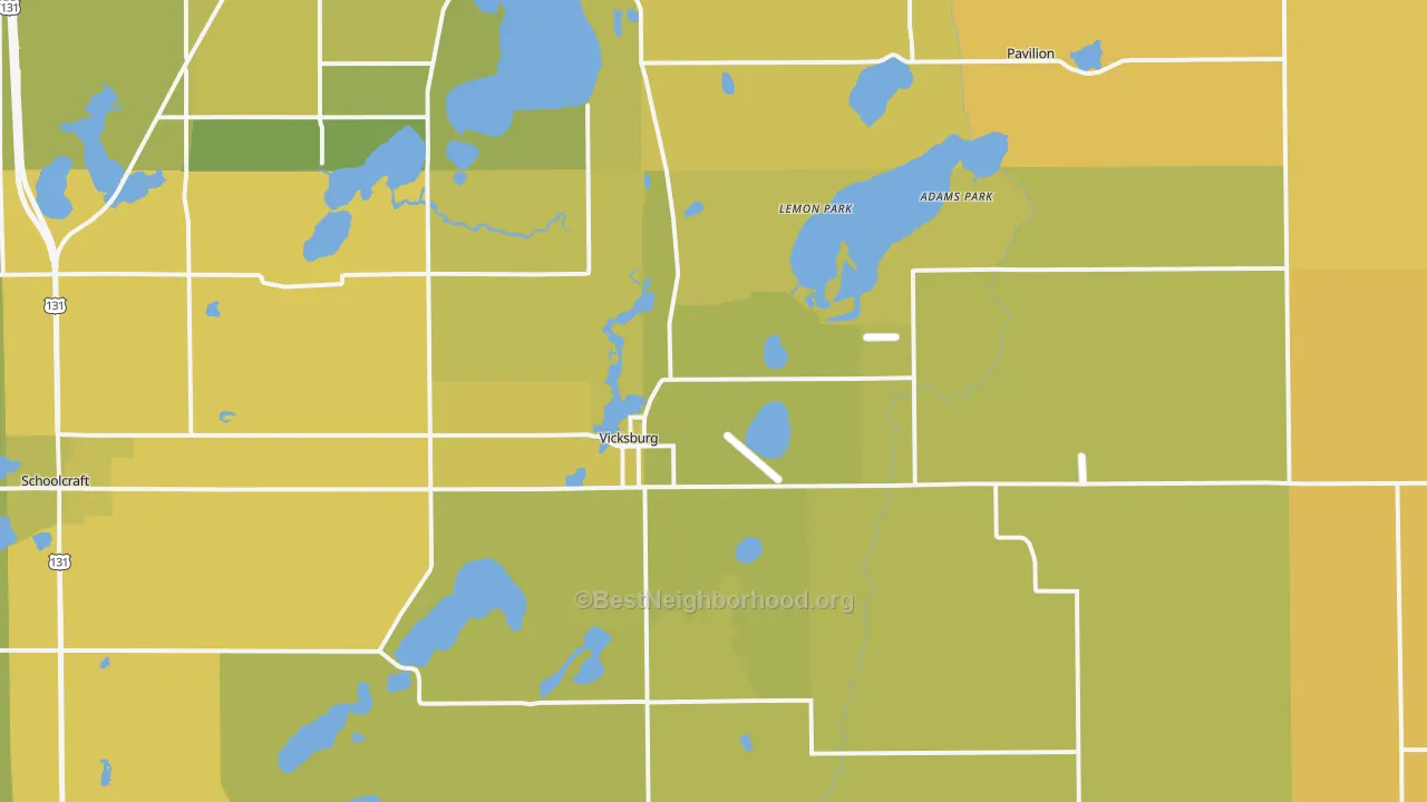 Map of the best neighborhoods in the 49097 area, with better matches in green and worse matches in red