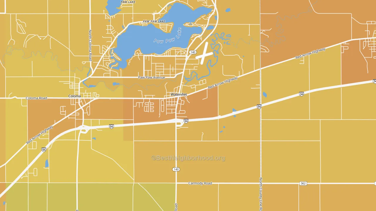 Map of the best neighborhoods in the 49098 area, with better matches in green and worse matches in red