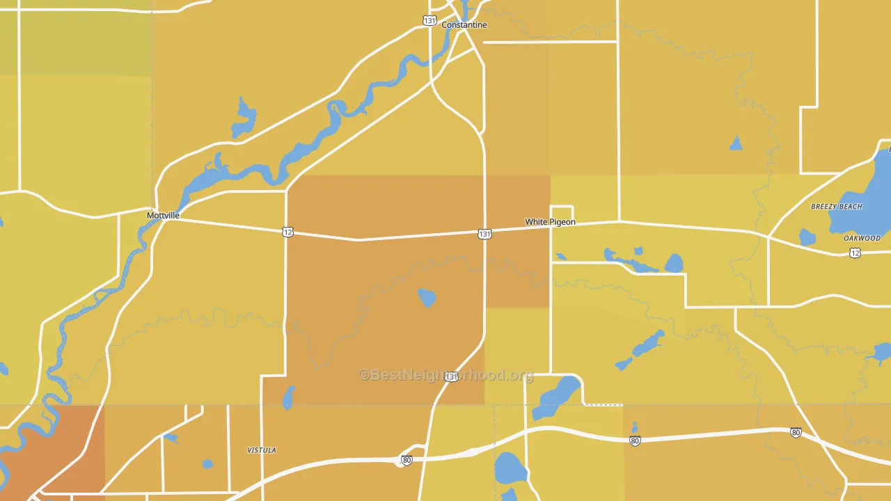 Map of the best neighborhoods in the 49099 area, with better matches in green and worse matches in red
