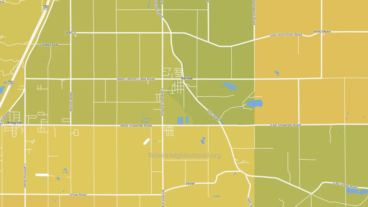 Map of the best neighborhoods in the 49101 area, with better matches in green and worse matches in red