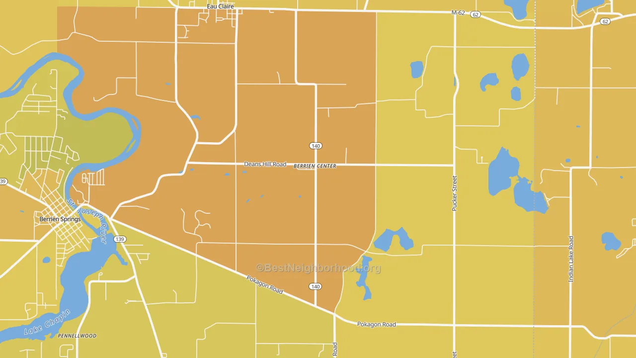 Map of the best neighborhoods in the 49102 area, with better matches in green and worse matches in red