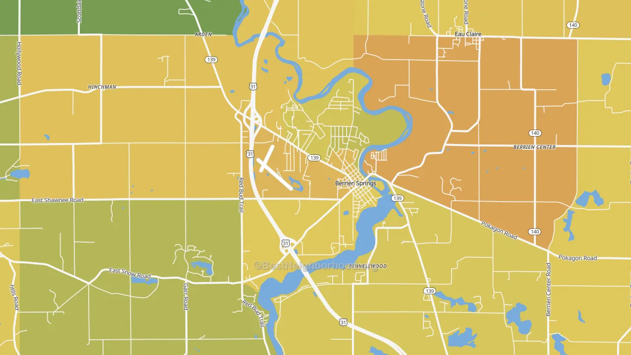 Map of the best neighborhoods in the 49103 area, with better matches in green and worse matches in red