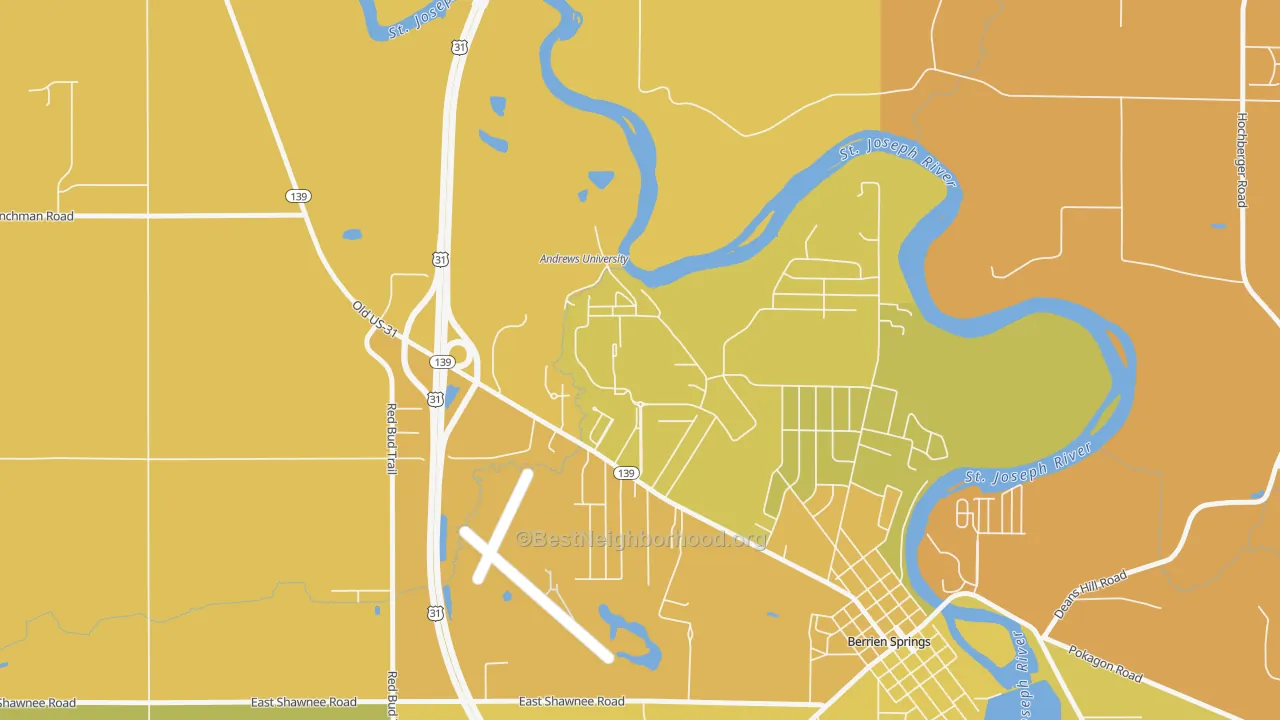 Map of the best neighborhoods in the 49104 area, with better matches in green and worse matches in red