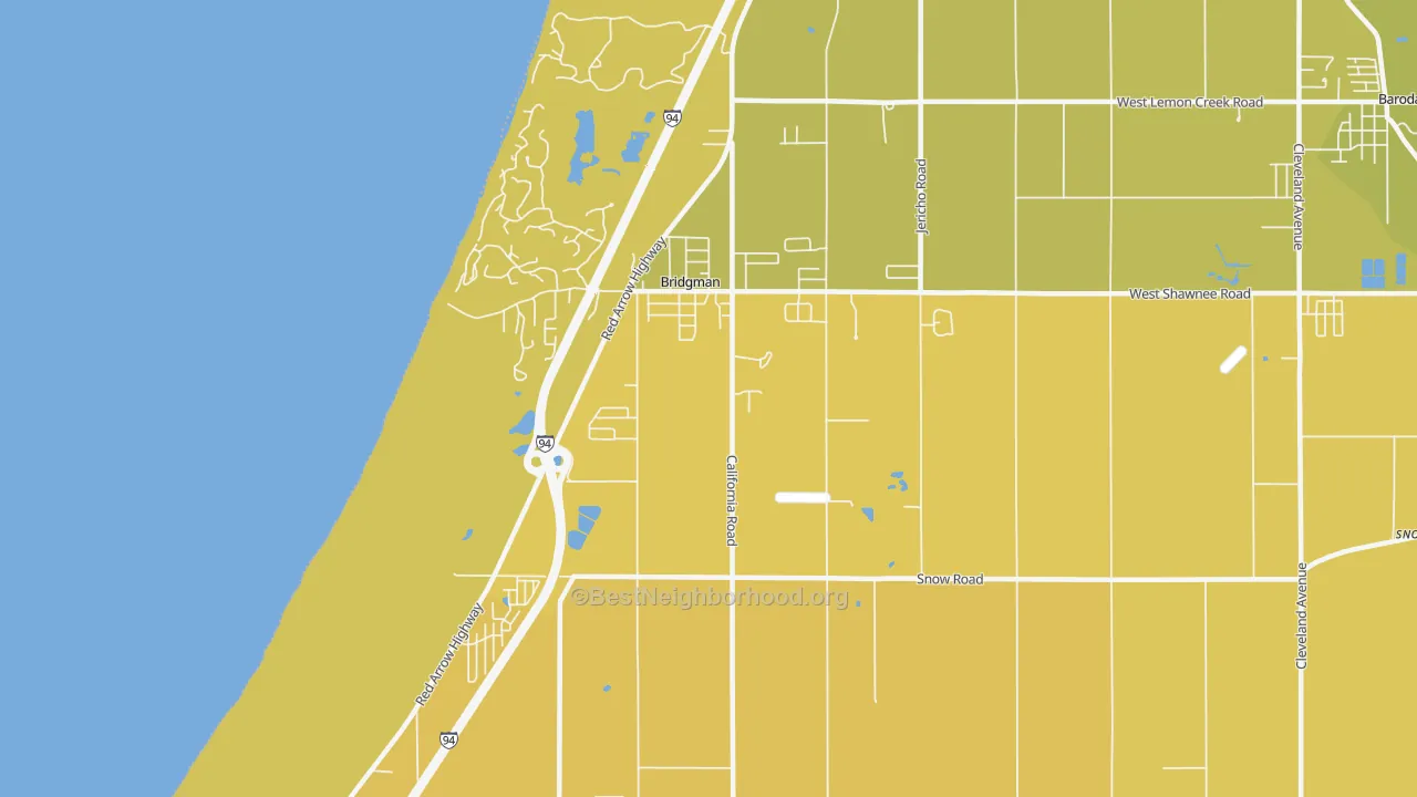 Map of the best neighborhoods in the 49106 area, with better matches in green and worse matches in red