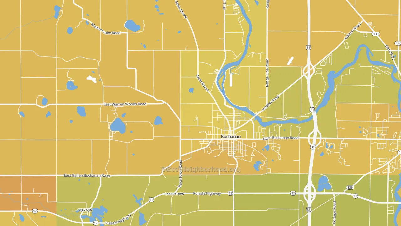 Map of the best neighborhoods in the 49107 area, with better matches in green and worse matches in red