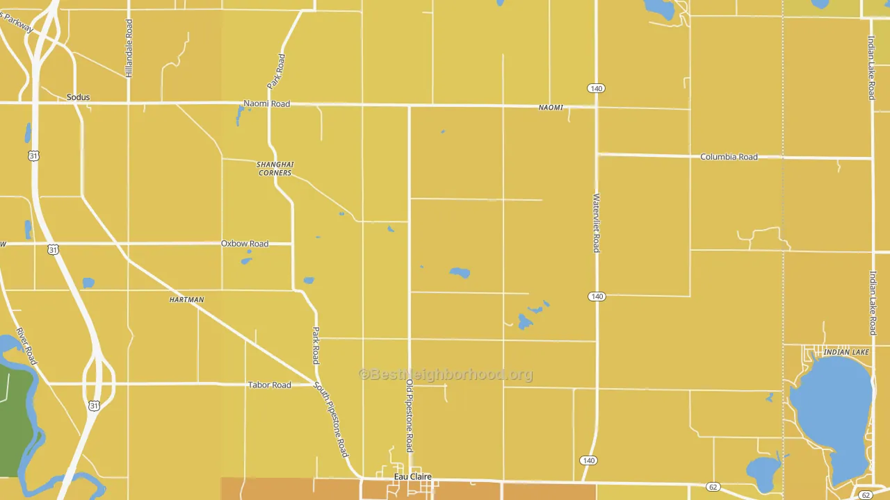Map of the best neighborhoods in the 49111 area, with better matches in green and worse matches in red