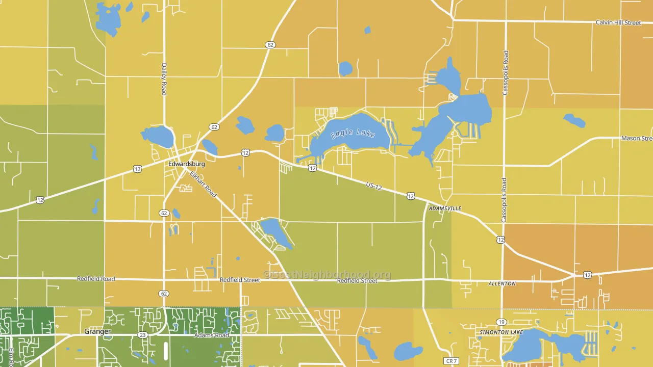 Map of the best neighborhoods in the 49112 area, with better matches in green and worse matches in red