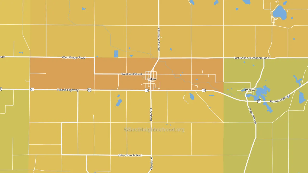 Map of the best neighborhoods in the 49113 area, with better matches in green and worse matches in red