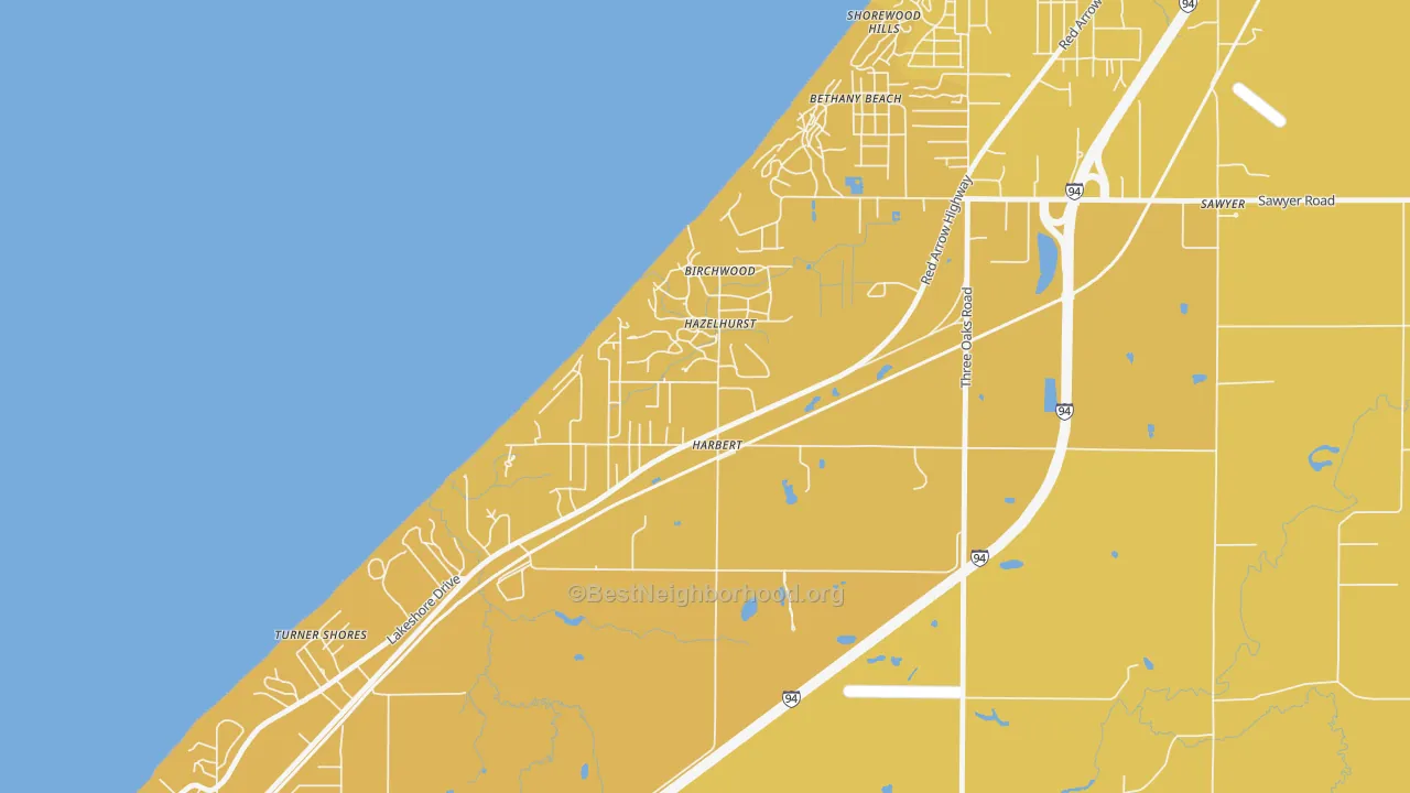 Map of the best neighborhoods in the 49115 area, with better matches in green and worse matches in red