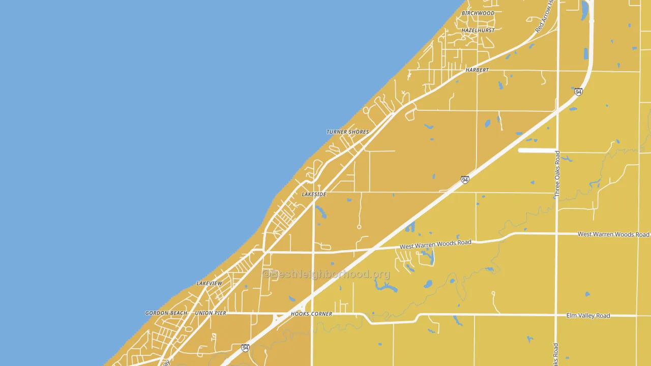 Map of the best neighborhoods in the 49116 area, with better matches in green and worse matches in red