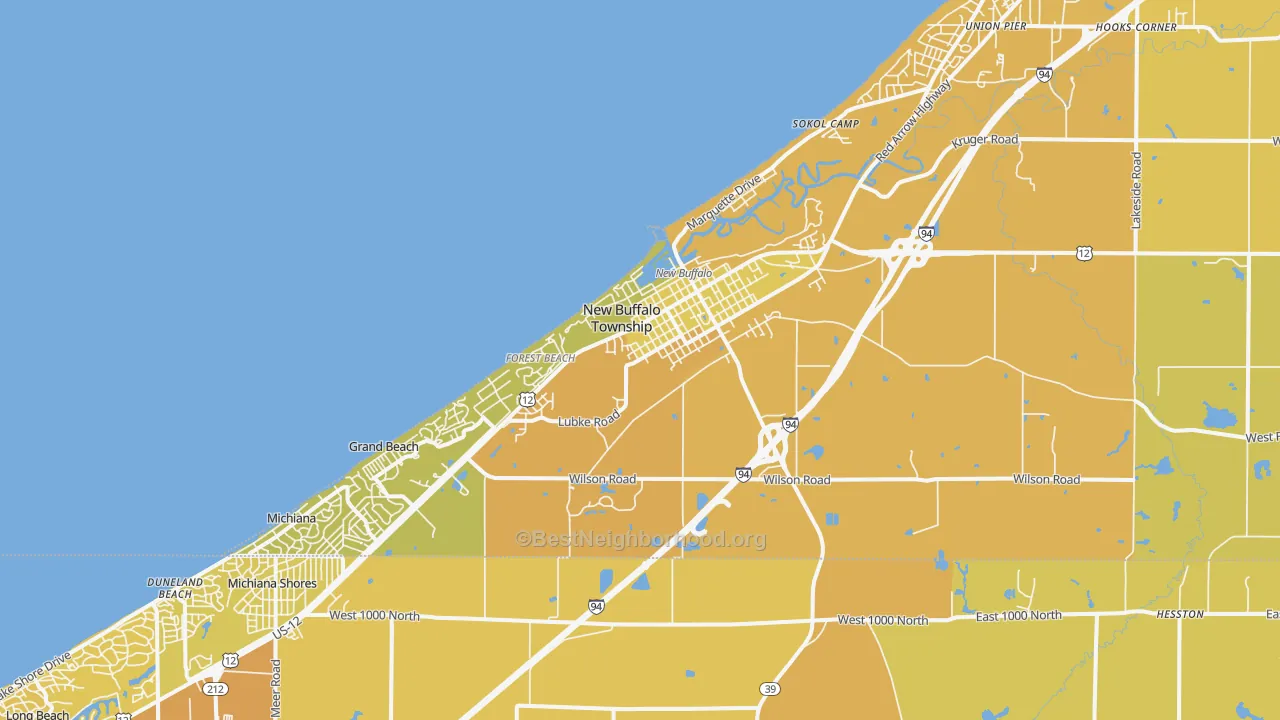 Map of the best neighborhoods in the 49117 area, with better matches in green and worse matches in red