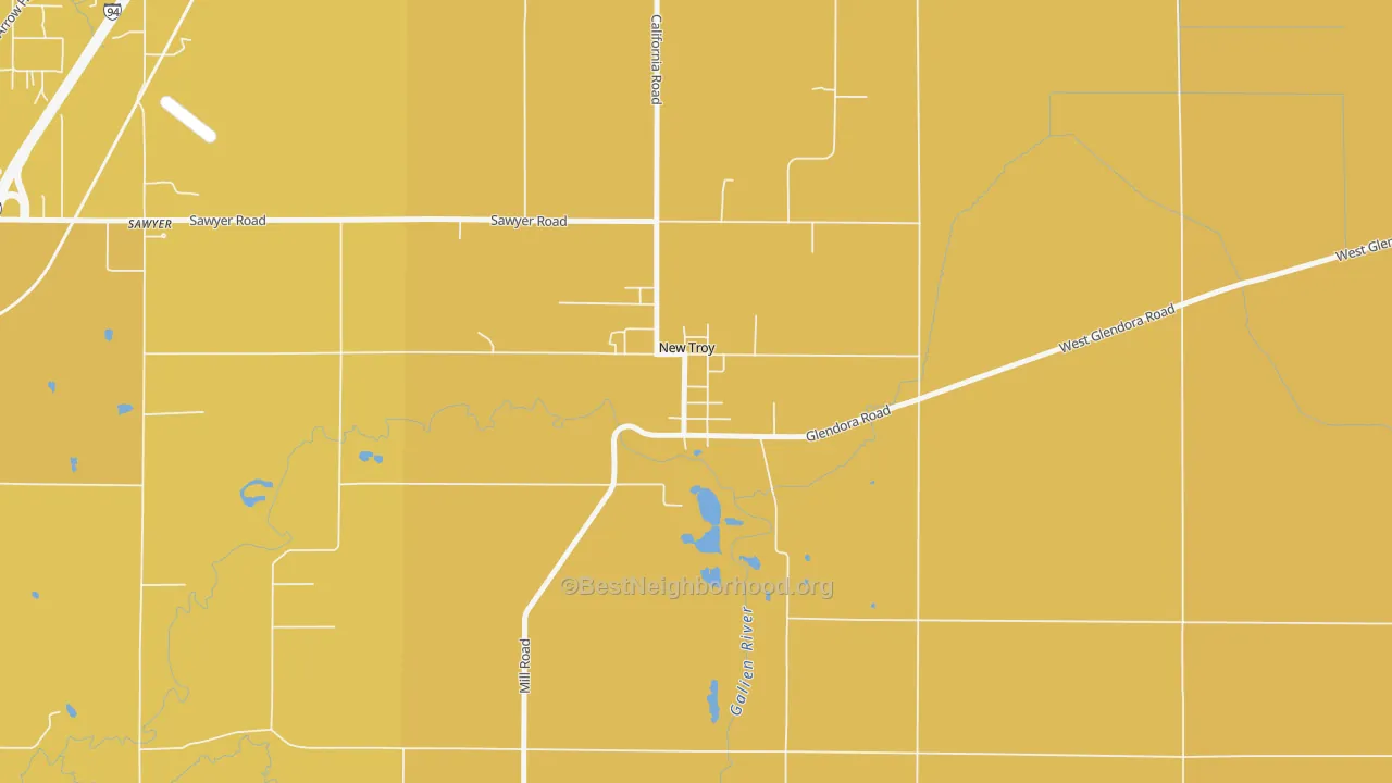 Map of the best neighborhoods in the 49119 area, with better matches in green and worse matches in red