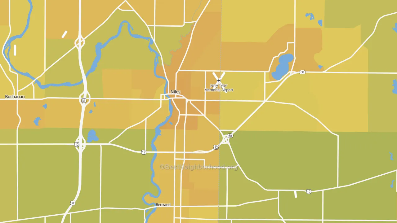 Map of the best neighborhoods in the 49120 area, with better matches in green and worse matches in red