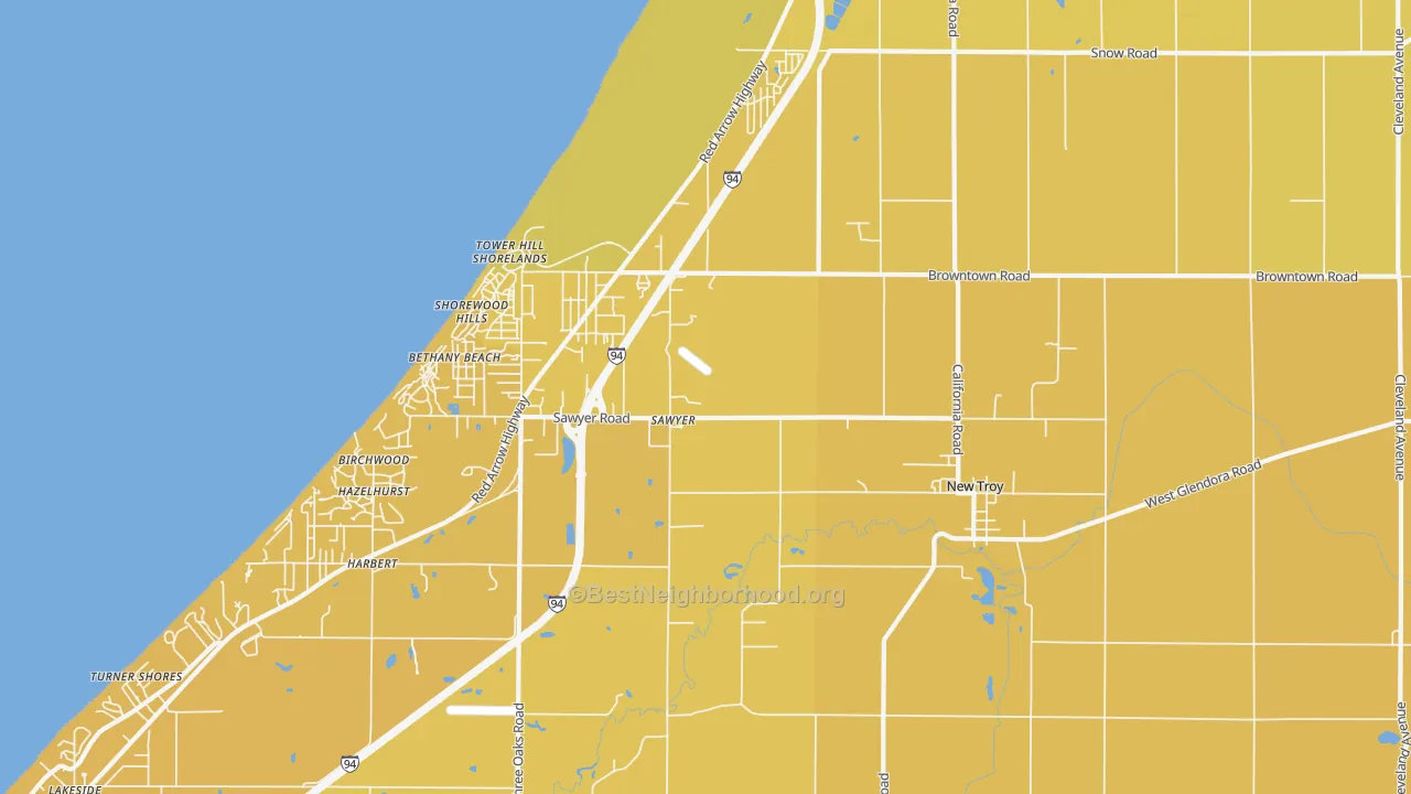 Map of the best neighborhoods in the 49125 area, with better matches in green and worse matches in red