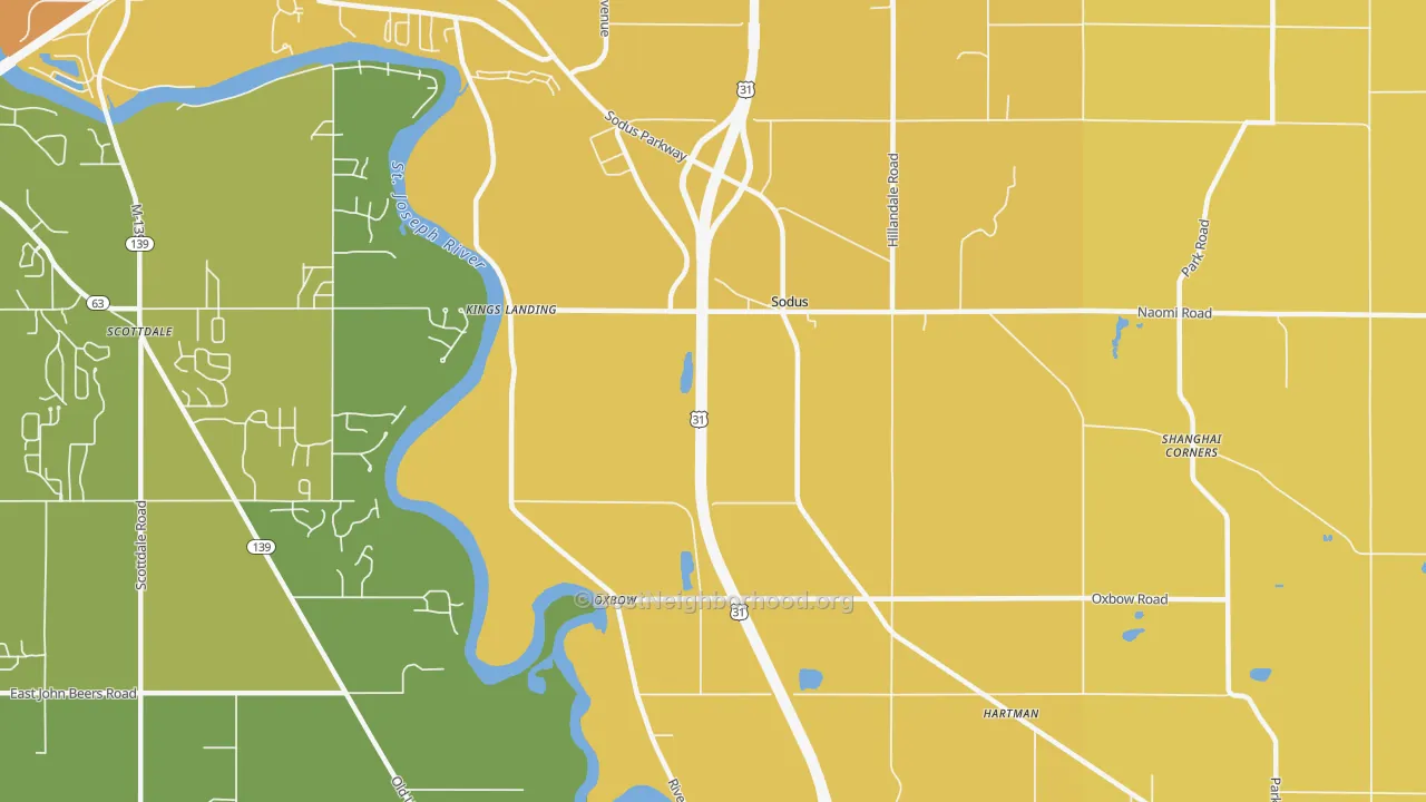 Map of the best neighborhoods in the 49126 area, with better matches in green and worse matches in red