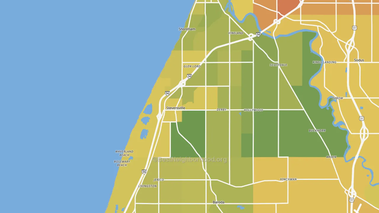 Map of the best neighborhoods in the 49127 area, with better matches in green and worse matches in red