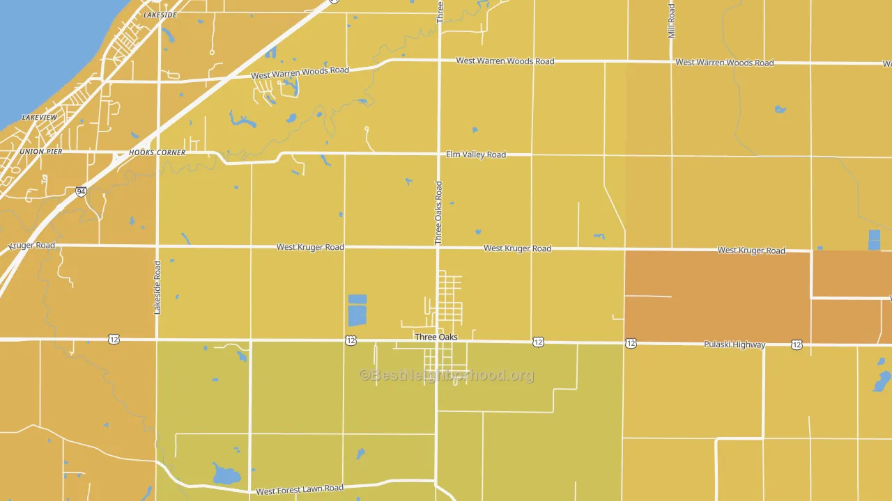 Map of the best neighborhoods in the 49128 area, with better matches in green and worse matches in red