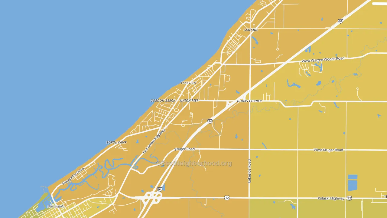 Map of the best neighborhoods in the 49129 area, with better matches in green and worse matches in red