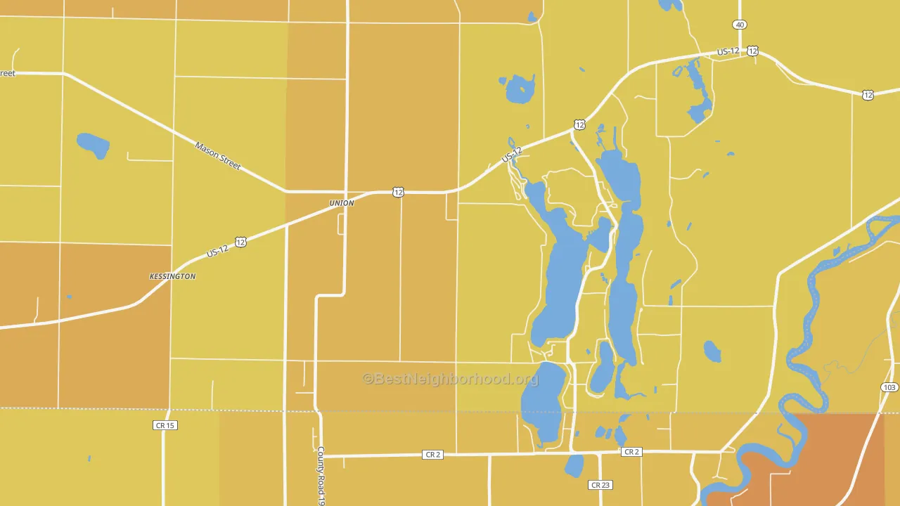 Map of the best neighborhoods in the 49130 area, with better matches in green and worse matches in red