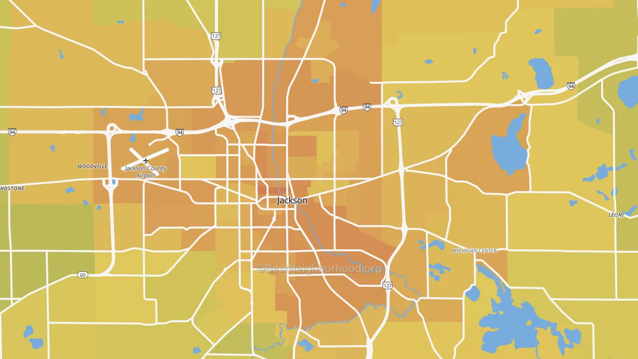 Map of the best neighborhoods in the 49201 area, with better matches in green and worse matches in red