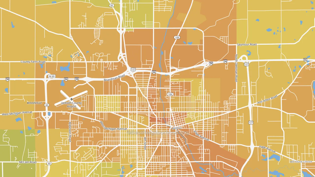Map of the best neighborhoods in the 49202 area, with better matches in green and worse matches in red