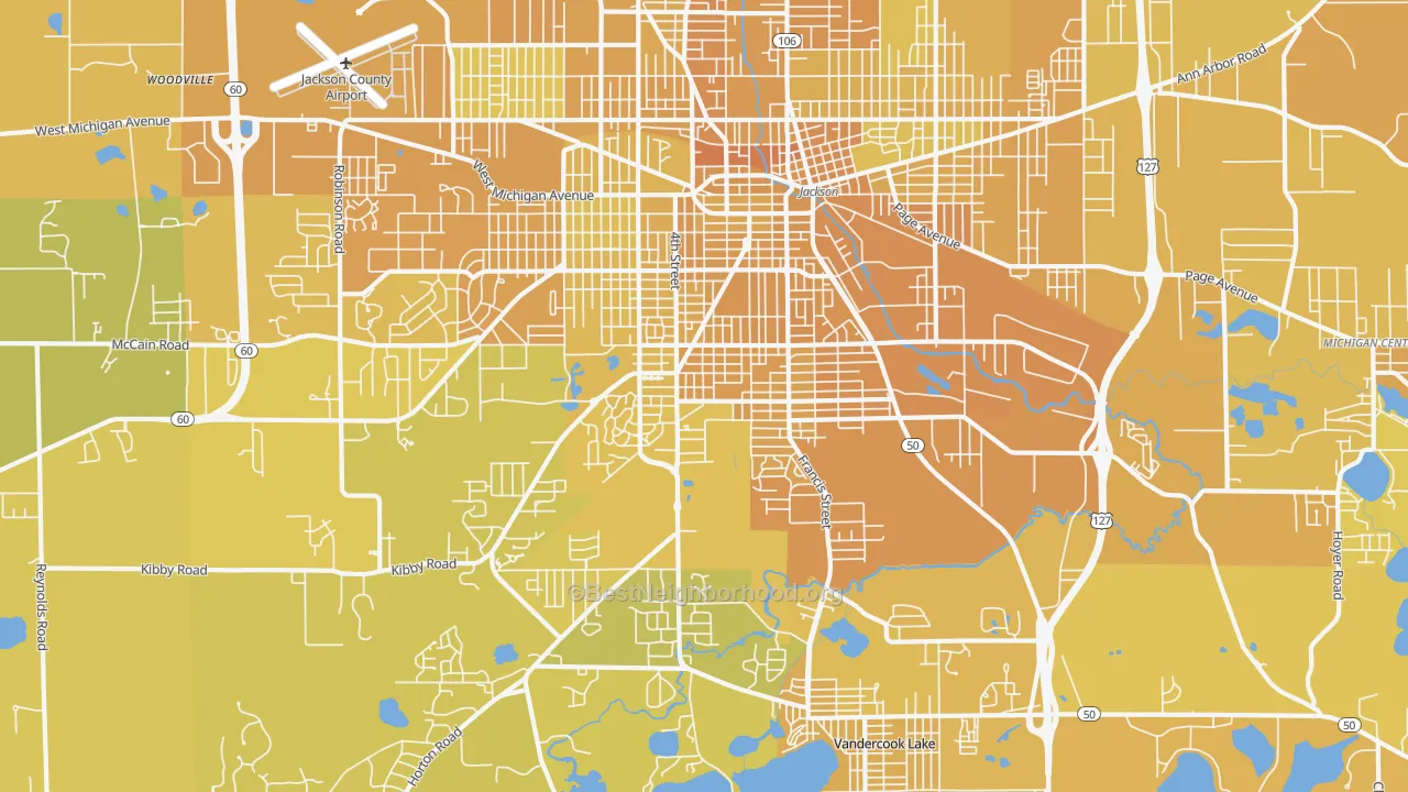 Map of the best neighborhoods in the 49203 area, with better matches in green and worse matches in red
