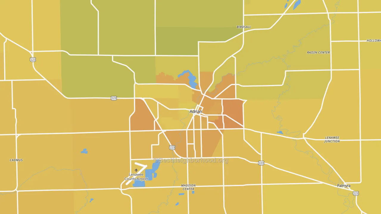 Map of the best neighborhoods in the 49221 area, with better matches in green and worse matches in red