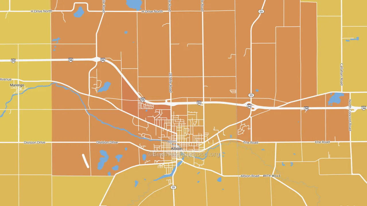 Map of the best neighborhoods in the 49224 area, with better matches in green and worse matches in red