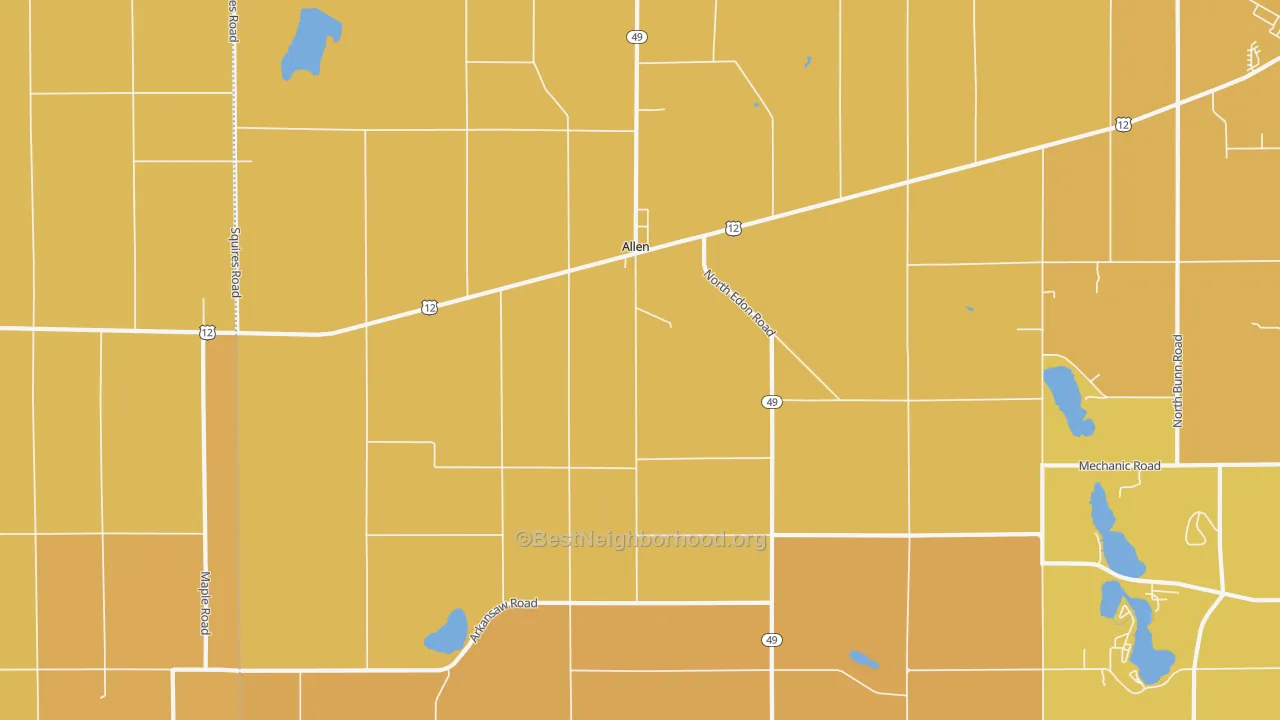 Map of the best neighborhoods in the 49227 area, with better matches in green and worse matches in red