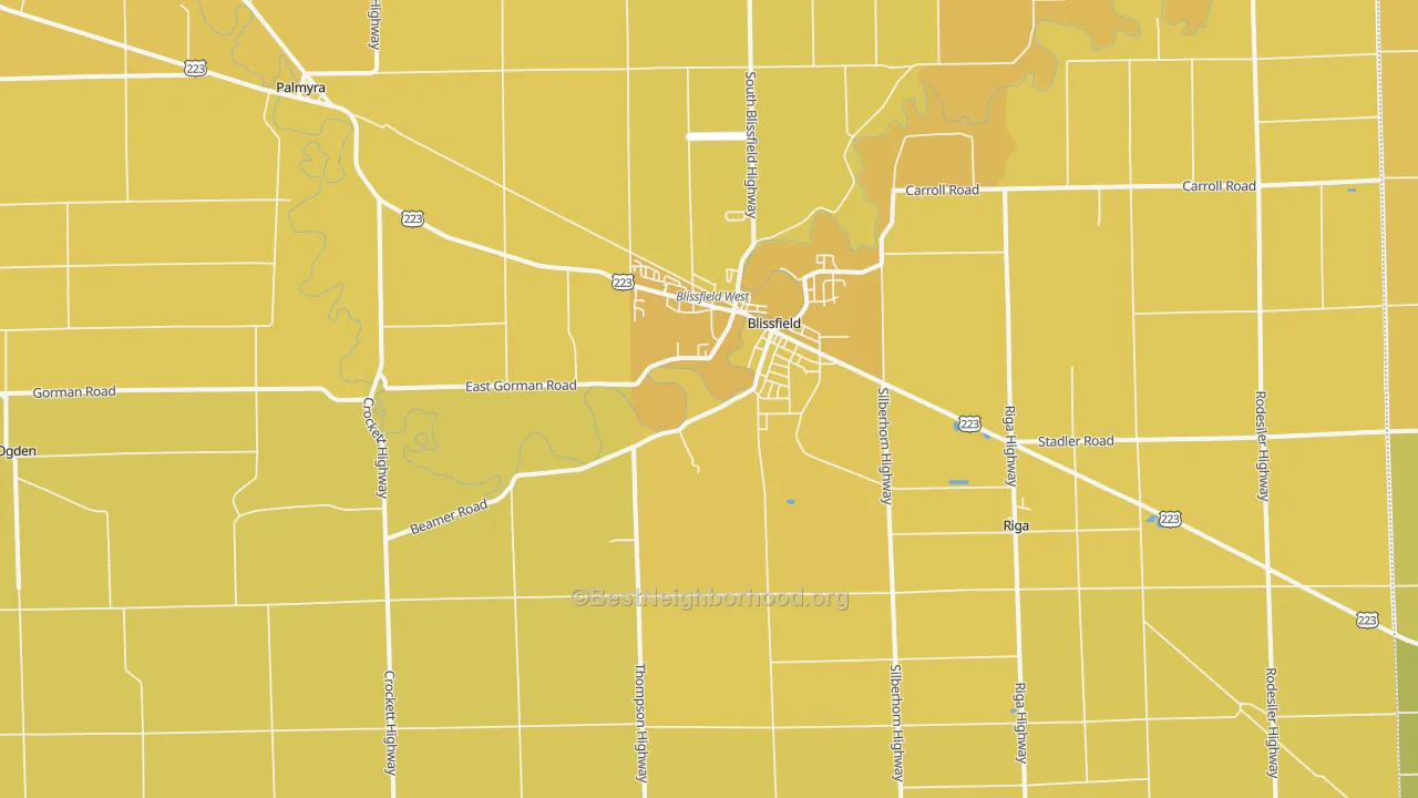 Map of the best neighborhoods in the 49228 area, with better matches in green and worse matches in red
