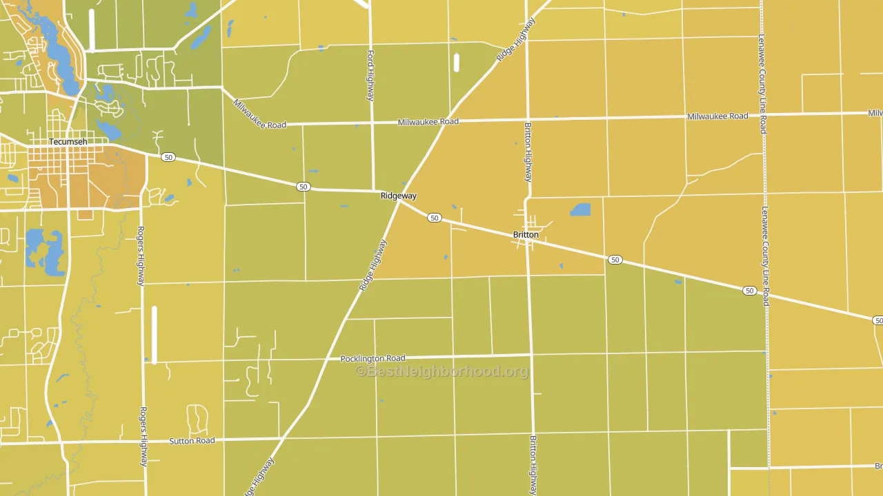 Map of the best neighborhoods in the 49229 area, with better matches in green and worse matches in red