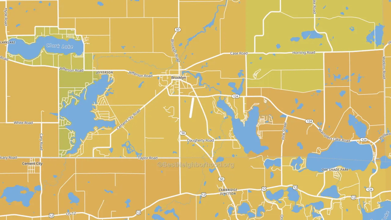 Map of the best neighborhoods in the 49230 area, with better matches in green and worse matches in red