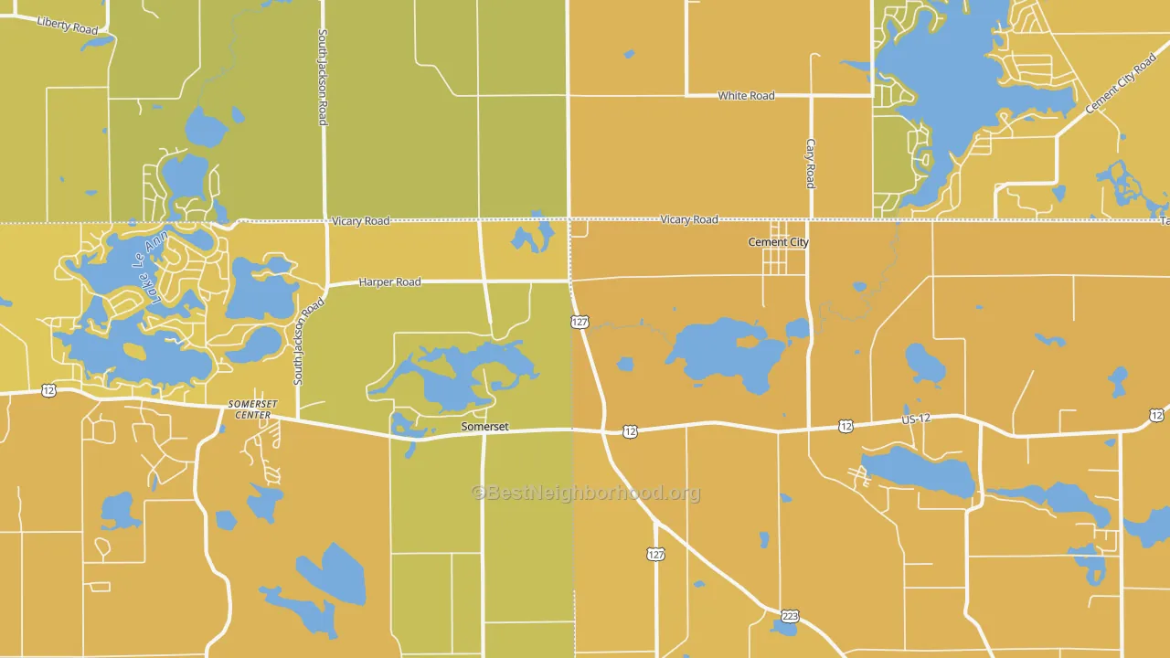 Map of the best neighborhoods in the 49233 area, with better matches in green and worse matches in red