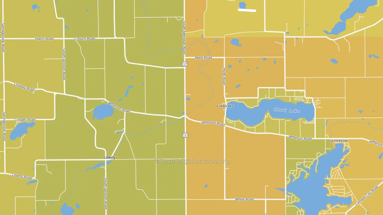 Map of the best neighborhoods in the 49234 area, with better matches in green and worse matches in red