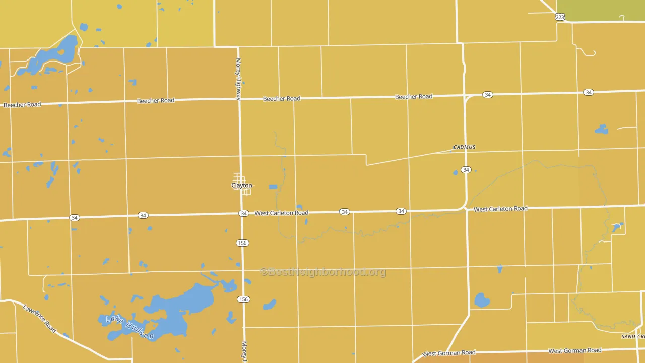 Map of the best neighborhoods in the 49235 area, with better matches in green and worse matches in red