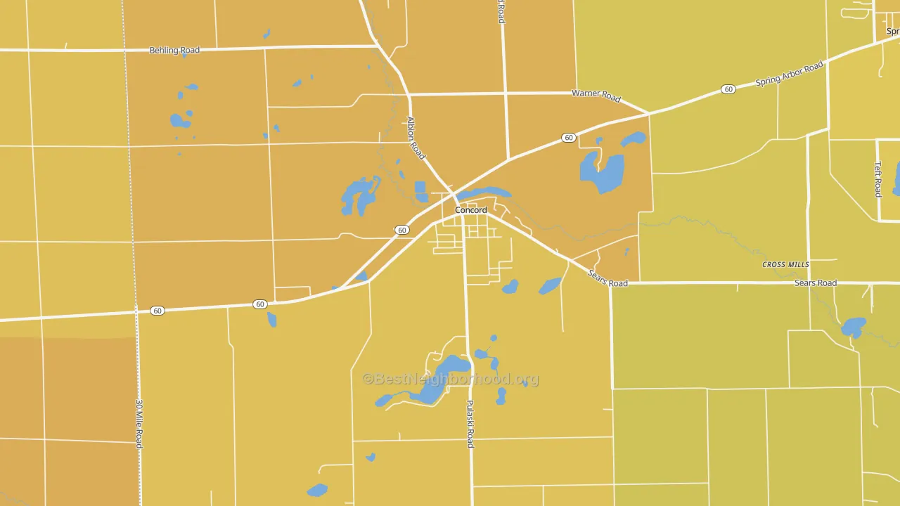 Map of the best neighborhoods in the 49237 area, with better matches in green and worse matches in red