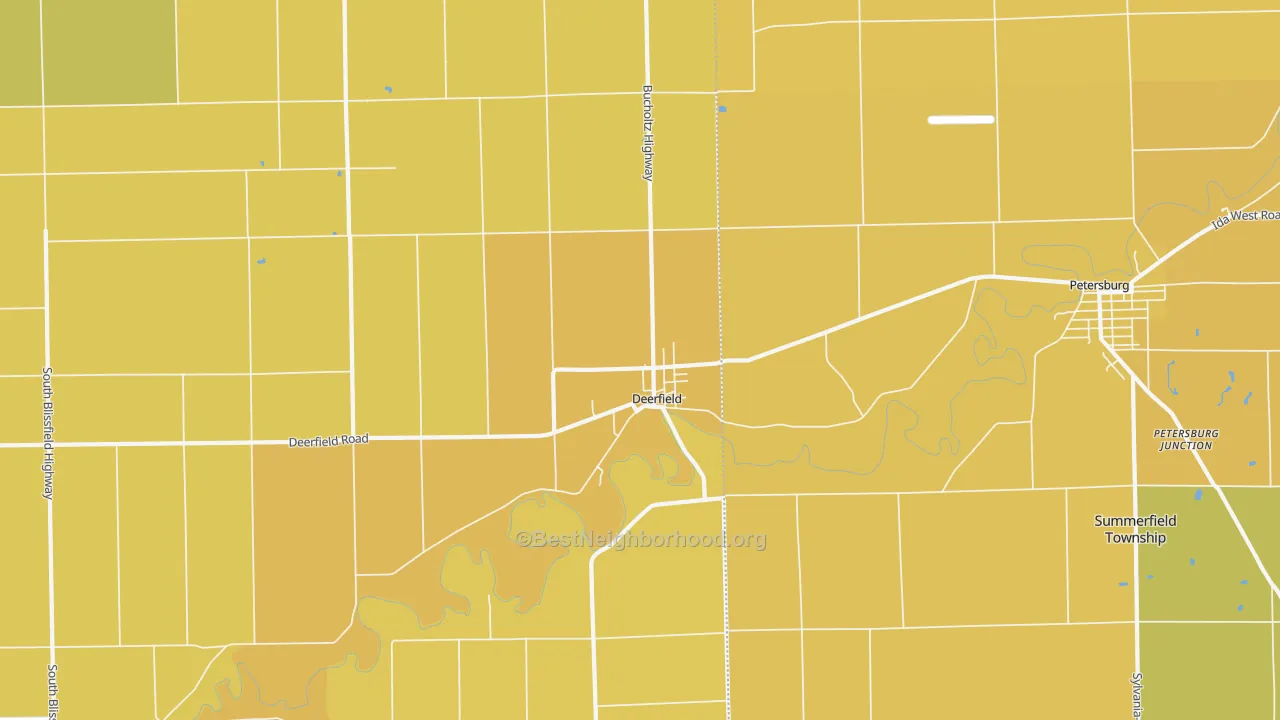 Map of the best neighborhoods in the 49238 area, with better matches in green and worse matches in red