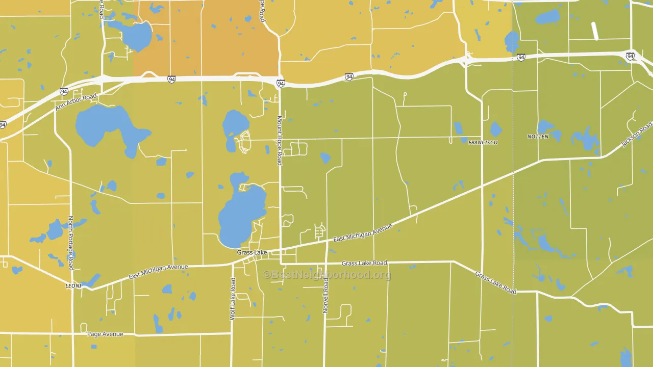 Map of the best neighborhoods in the 49240 area, with better matches in green and worse matches in red