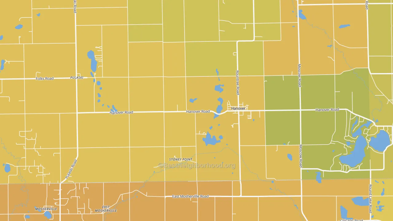 Map of the best neighborhoods in the 49241 area, with better matches in green and worse matches in red
