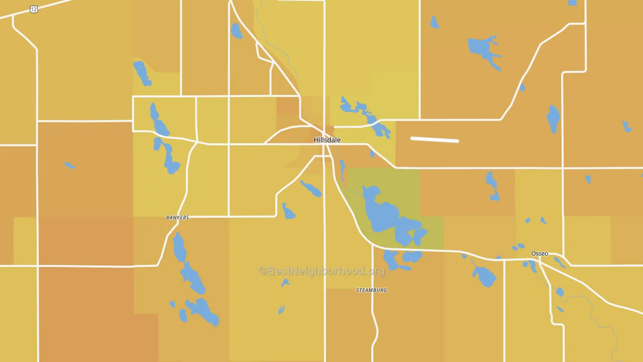 Map of the best neighborhoods in the 49242 area, with better matches in green and worse matches in red