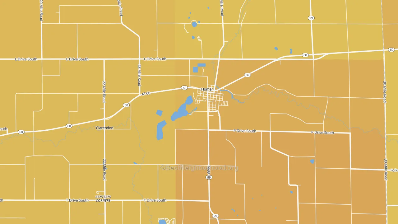 Map of the best neighborhoods in the 49245 area, with better matches in green and worse matches in red