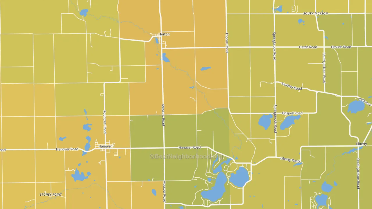 Map of the best neighborhoods in the 49246 area, with better matches in green and worse matches in red