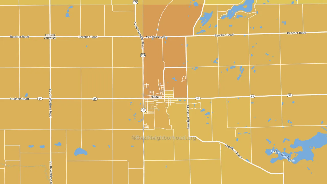 Map of the best neighborhoods in the 49247 area, with better matches in green and worse matches in red
