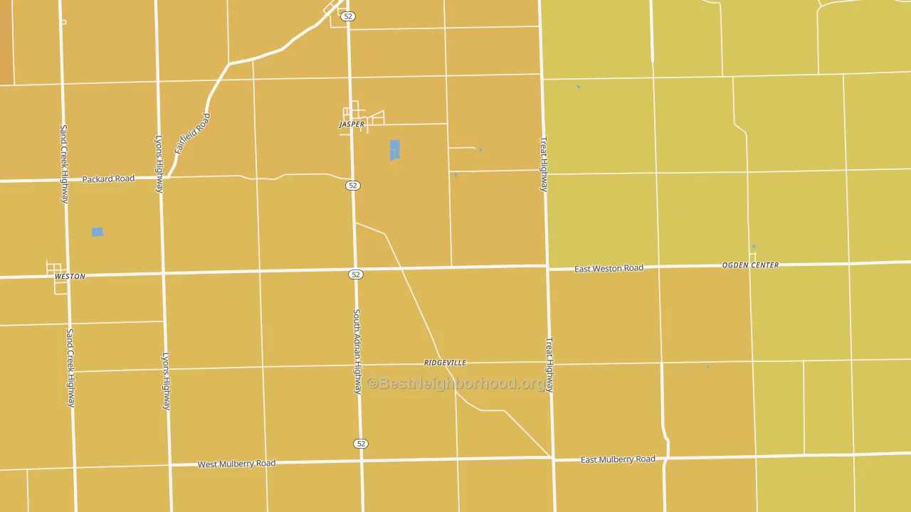Map of the best neighborhoods in the 49248 area, with better matches in green and worse matches in red