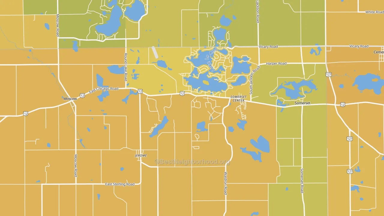 Map of the best neighborhoods in the 49249 area, with better matches in green and worse matches in red