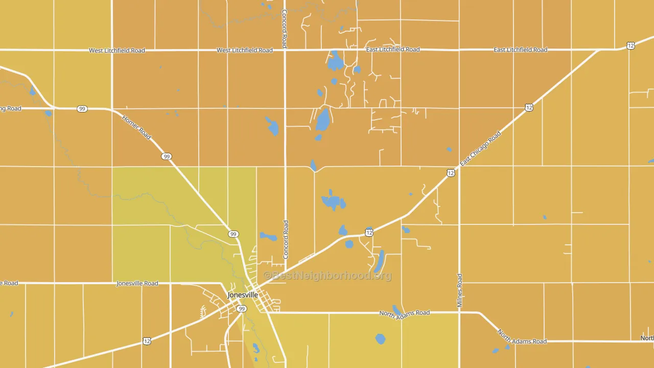Map of the best neighborhoods in the 49250 area, with better matches in green and worse matches in red