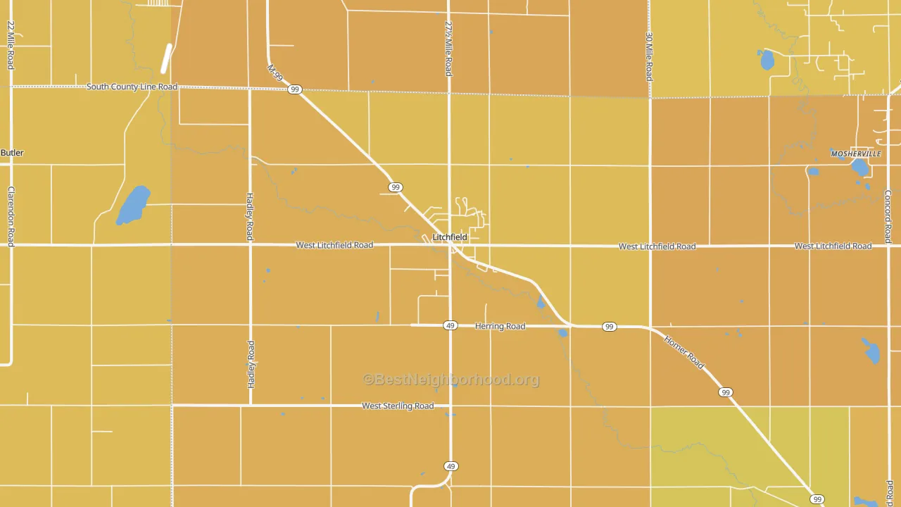 Map of the best neighborhoods in the 49252 area, with better matches in green and worse matches in red