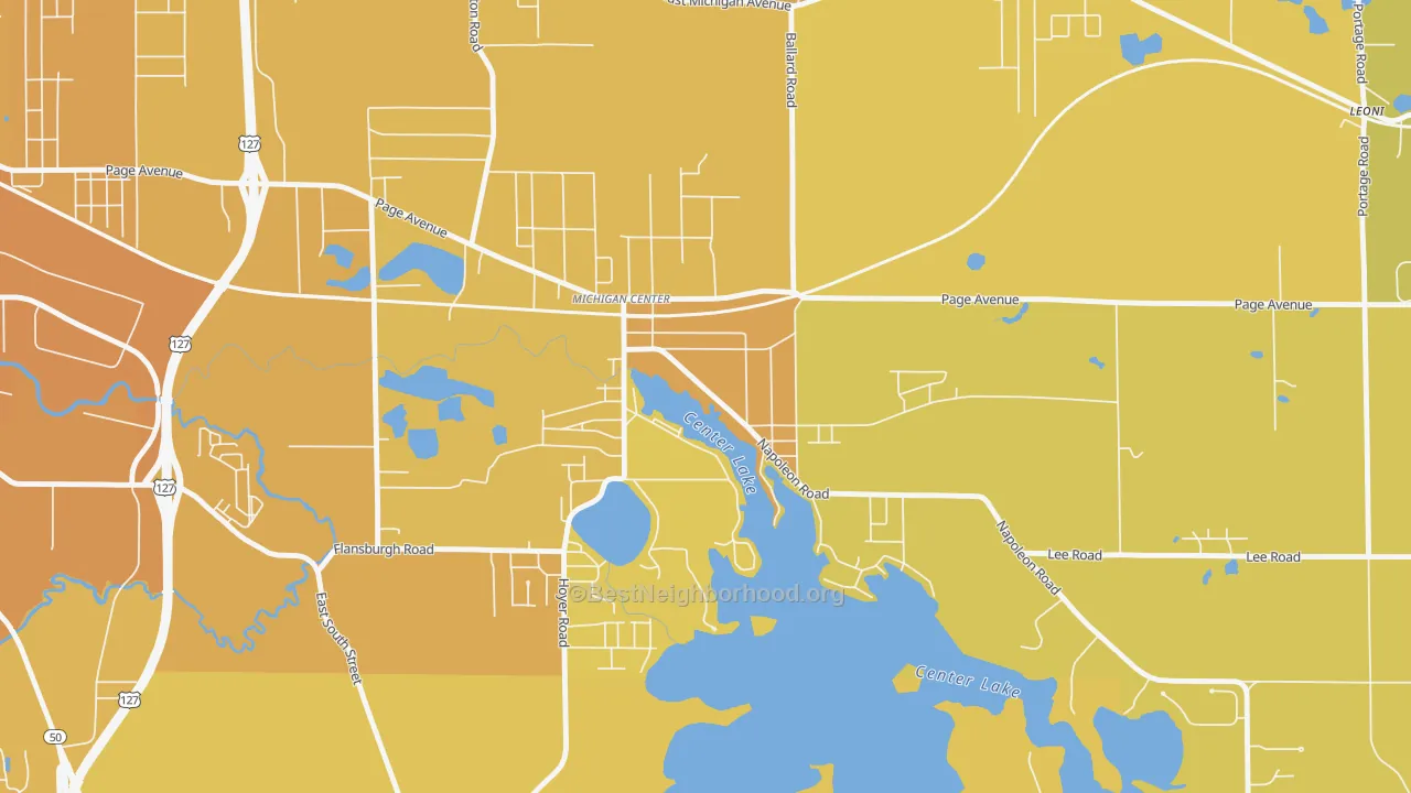 Map of the best neighborhoods in the 49254 area, with better matches in green and worse matches in red